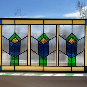 Craftsman horizontal stained glass window, hanging panel, transom