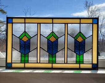 Craftsman horizontal stained glass window, hanging panel, transom