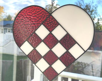 Red and White Stained Glass Heart - Scandinavian Window Wall Decor