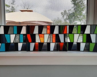 Retro Green Orange or Blue Horizontal Midcentury Modern Stained Glass Panel, MCM Art Glass, Mid-Century Modern Art & Décor, Gifts under 100