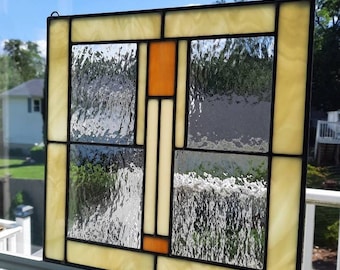 Cream and Amber Classic Mission stained glass window hanging, Bungalow stained glass art, great for Craftsman style home. Back in stock!