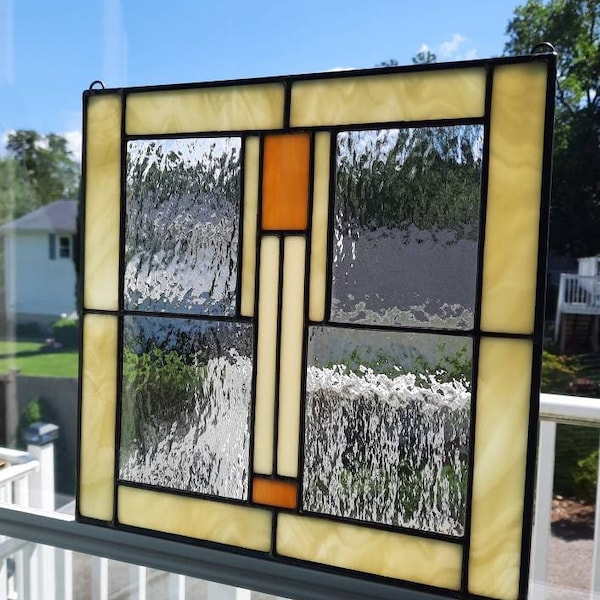 Cream and Amber Classic Mission stained glass window hanging, Bungalow stained glass art, great for Craftsman style home. Back in stock!