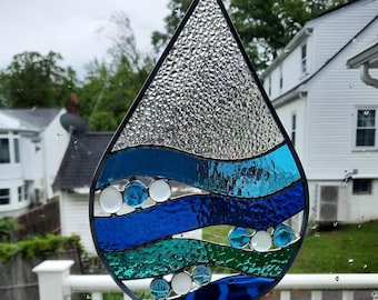 Blue Stained Glass Raindrop with Gems for your home and garden
