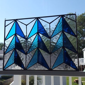 Mid-century Modern Blue & Clear Stained Glass Hanging Panel, Retro Art Glass, MCM Stained Glass, Art Deco Modern Window panel