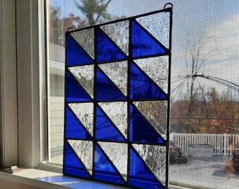 Modern Triangles Stained Glass window panel in blue, yellow or red. Hounds tooth design graphic MCM style, geometric window art for birthday