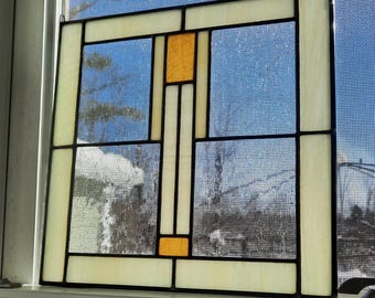 Mission Style Stained Glass Window Hanging, Cream & Amber Panel, Made to Order