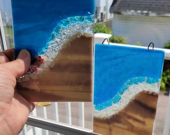 Fused Glass Beach Wave panel is a modern blue wave panel for nautical or beach theme home décor