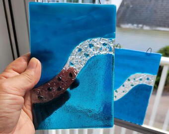 Blue Fused Glass Wave panel, modern blue wave panel for nautical or beach theme home décor