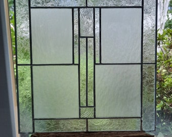 Clear Frosted Mission stained glass hanging window panel, Arts & Crafts designed glass wall hanging, Bungalow art glass, Craftsman style