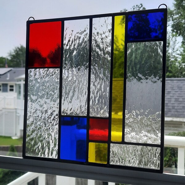 Mondrian modern graphic stained glass panel w/red, blue & yellow contemporary art glass window hanging for modern home accent, birthday gift