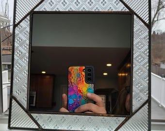 Square wall hanging mirror made with clear textured stained glass