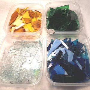Scrap pieces of stained glass used for mosaics, glass on glass mosaics or your stained glass projects. Other colors available-just ask!