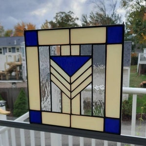 Blue or Green Bungalow Mission Stained Glass Panel hanging window panel, Craftsman window, Arts & Crafts design, for a bungalow or cottage