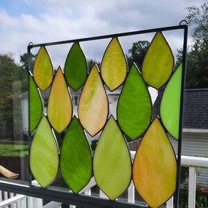 Green Falling Leaves Stained Glass Panel, Nature window hanging, Natural & Organic glass window art-House warming and birthdays