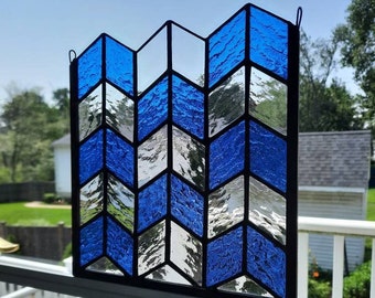 Blue Chevron Stained Glass Panel: Modern Window Hanging