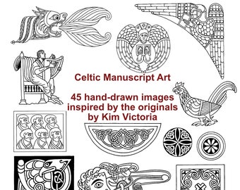 May include: A collection of black and white Celtic manuscript art illustrations. The illustrations include a dragon, a bird, a rooster, a human figure playing a harp, a group of human figures, a knot design, and a variety of geometric patterns.