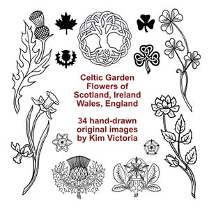 Flowers Printables, Scotland Ireland Wales England, 34 Hand-Drawn Clip Art Illustrations, Digital Download, Thistle Shamrock Rose Daffodil