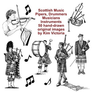 Scottish Printables, Musicians, Bagpipes, Drummers, Fiddlers, Hand-Drawn Clip Art Illustrations, Digi-Stamping, Digital Download