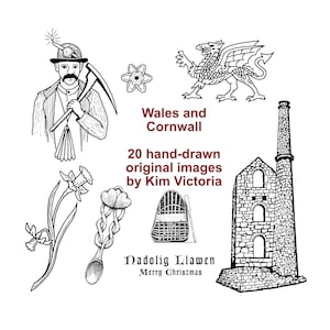 May include: A black and white illustration set featuring Welsh and Cornish symbols. The set includes a miner, a daffodil, a spoon, a dragon, a mine shaft, and a Welsh Christmas greeting.