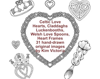 Celtic Love Hearts, Claddagh, Luckenbooth, Welsh Love Spoon, Frames, 31 Hand-Drawn Clip Art Illustrations, Digital Download, Kim Victoria