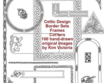 May include: A collection of 100 hand-drawn Celtic knot designs, including borders, frames, and corners. The designs are in black and white and feature intricate patterns.