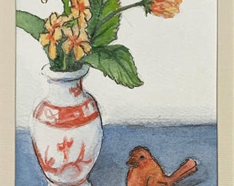 Bird & Vase Still Life #1 Watercolor Painting