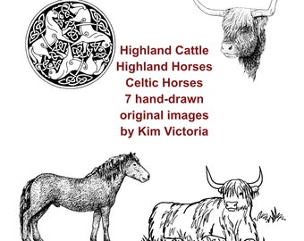 Highland Cattle, Scottish Highland Pony, Digital Download, 7 Original Art Clip Art Illustrations, Digi-Stamping, Kim Victoria