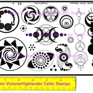 May include: A sheet of black and white Celtic knot and geometric designs, labeled "CropCircles" and "Highlander Celtic Stamps".