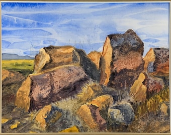 Textural Rocks at Sunset Watercolor Painting