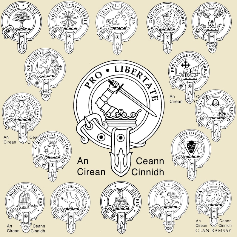 Pode incluir: Uma ilustra&ccedil;&atilde;o em preto e branco de 12 bras&otilde;es de cl&atilde; diferentes. Cada bras&atilde;o apresenta um design &uacute;nico, incluindo animais, plantas e s&iacute;mbolos. Os bras&otilde;es s&atilde;o cercados por uma borda decorativa e o texto "PRO LIBERTATE" aparece no centro da imagem.