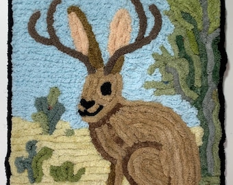 Jackalope, Original Art Yarn Painting, Kids Room Art, Cottage Core