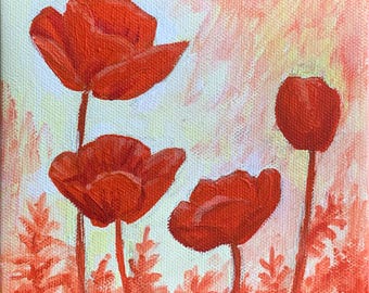 Red Goliath Poppies Impression Acrylic Painting with Easel