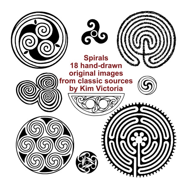 Spirals Printables, 18 Hand-Drawn Clip Art Illustrations inspired by classic sources, Digital Download, Scotland, Ireland, Wales