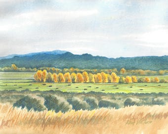 Autumn Cottonwood Trees Landscape Watercolor Painting