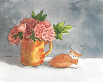 Foxy Floral Still Life Watercolor Painting