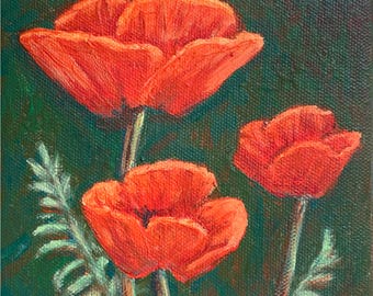 Red Goliath Poppies Trio Acrylic Painting with Easel