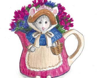 Miss Mouse Floral Still Life Watercolor Painting