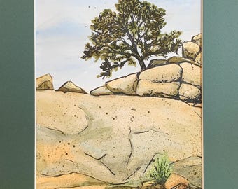 Tree On The Rocks Watercolor Painting