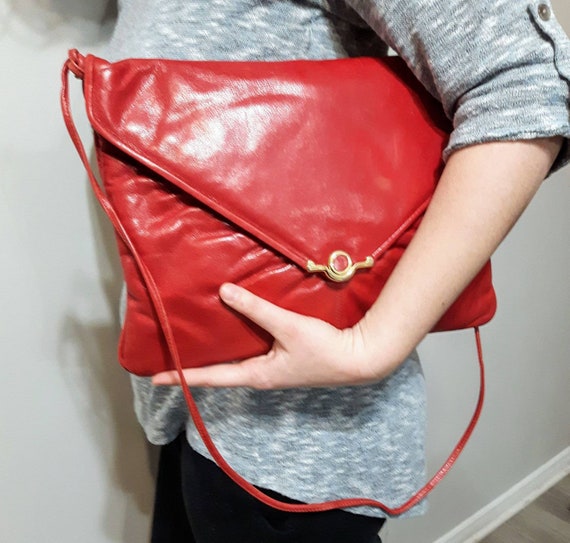 Vintage red leather purse large handbag 1970 patchwork