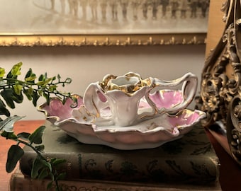 Antique Art Nouveau Porcelain Chamberstick Candle Holder, Flower Bloom Inspired: Ca. 1880