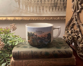 May include: A white ceramic teacup with a gold rim and a blue and white image of a building with the text "Hamburg,  Kersthons-Huis,  mit  Herwarte" on the side. The teacup is sitting on top of two vintage books with floral designs.