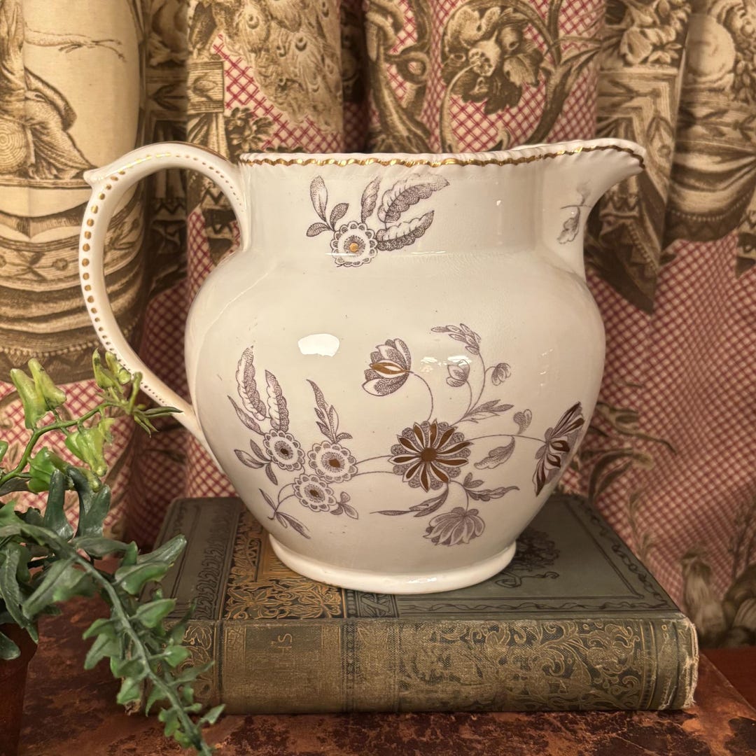Victorian Ransfers Antique Unmarked English Ironstone Pitcher W/ Victorian Floral and Gilt ...