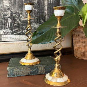 Vintage Brass w/ Mother of Pearl Inlay Barley Twist Candlestick Holders: Set of 2