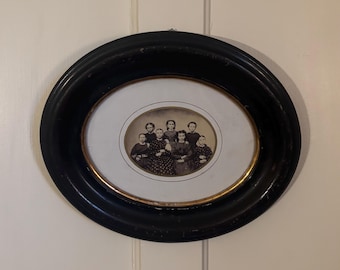 Antique Victorian Wall Art, Oval Family Portrait in Deep Ebonized Frame, Group of Seven Siblings: C. 1870s-1880s