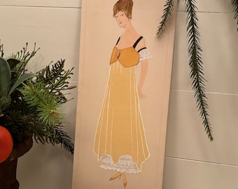 Antique Hand-Drawn Multimedia Fashion Sketch of Woman w/ Yellow Dress: Ca. 1920