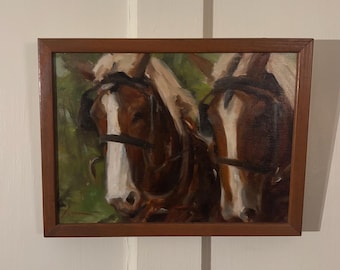 Vintage Oil Painting on Canvas Board of Two Horses, Equestrian Still Life in Wood Frame, Rustic Farmhouse Wall Art