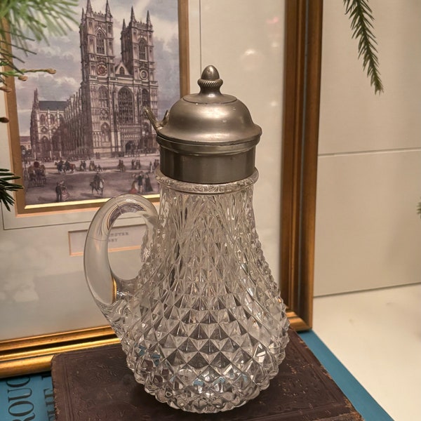 Antique Early American Pattern Glass Hand-Blown Syrup Pitcher w/ Pewter Lid: Ca. Mid-19th Century.