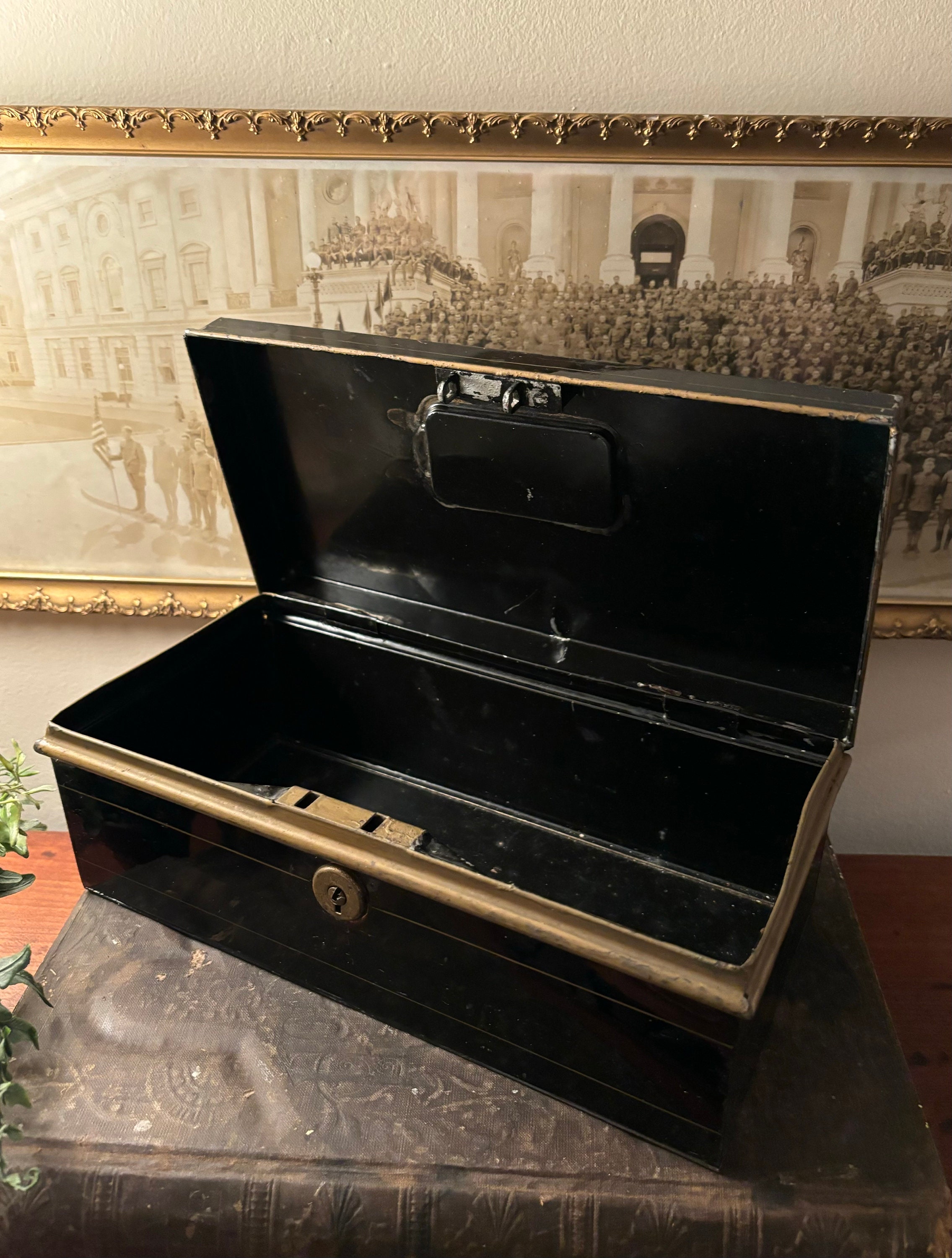 Antique Victorian Black Metal Toleware Lock/cash Box W/ Hand no Key ...