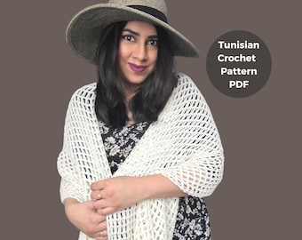 Tunisian crochet scarf, Light Shawl Crochet Pattern, Lacy Crochet Wrap Pattern, Boho Cover Up Pattern, White Wrap,summer shawl,crochet shawl