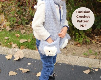 Polar bear pocket scarf,crochet pattern for polar bear scarf, Tunisian crochet pattern, Crochet PDF Pattern, Children Scarf Pattern for Kids